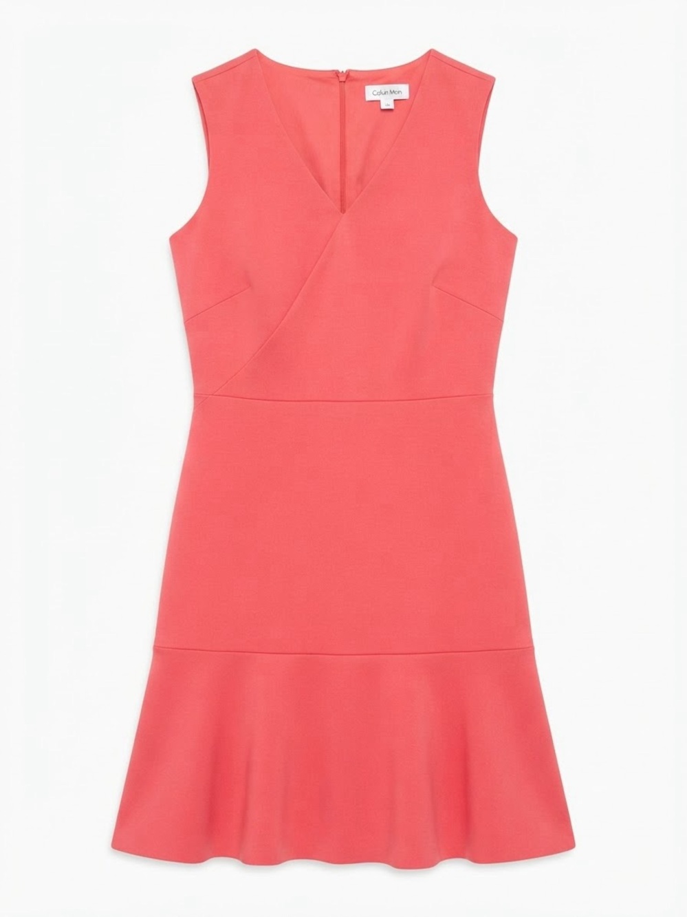 Calvin Klein Coral Pink V-Neck Ruffle Hem Sleeveless Shift Dress (Size 10)
